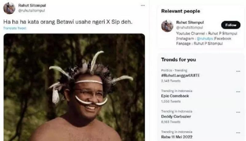 Ruhut Posting Foto Anies Pake Koteka, Majelis Rakyat Papua Marah Besar. (Tangkapan Layar Twitter).