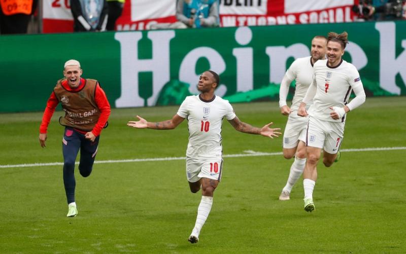 Selebrasi pemain Inggris Raheem Sterling dalam pertandingan melawan Jerman di Euro 2020 (telegraph.co.uk)