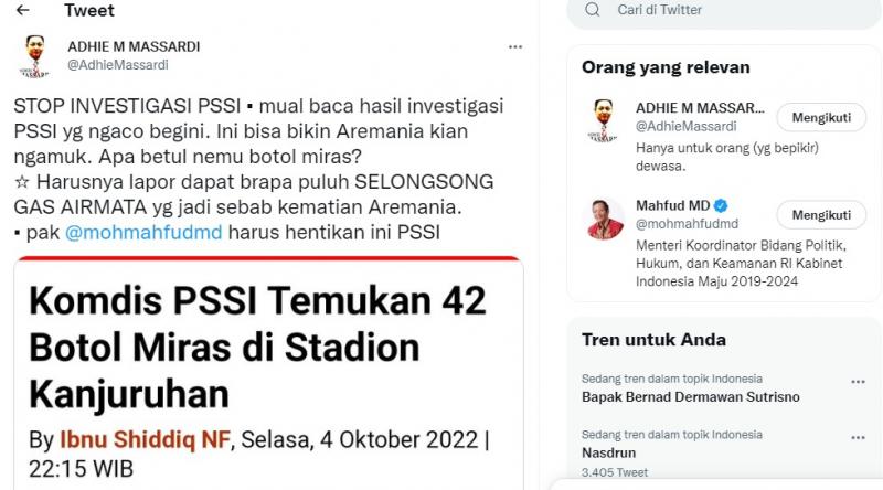 Eks Jubir Gus Dur Desak Menko Polhukam Setop Investigasi Ngaco PSSI. (Twitter).