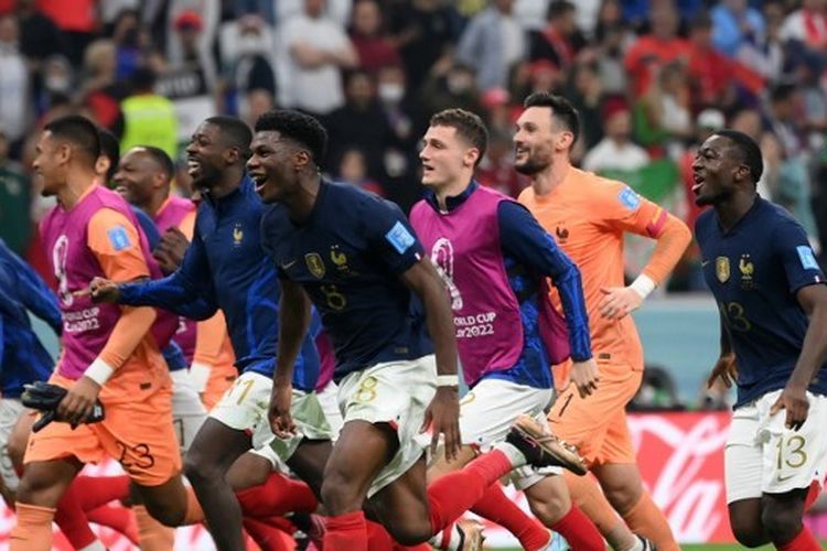 Selebrasi timnas Perancis usai mengalahkan Maroko pada Rabu (14/12/2022) malam di pertandingan Piala Dunia 2022. (Foto: AFP)
