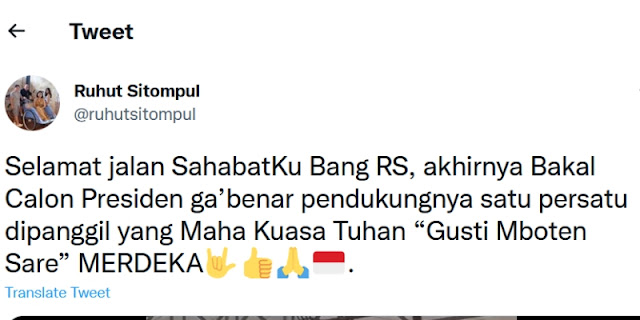 Twit Ruhut soal Mendiang Ridwan Saidi Bisa Sakiti Masyarakat Betawi. (Twitter).