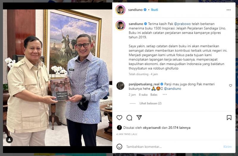 Bawa Buku Catatan Pilpres 2019, Sandiaga Uno Bertemu Prabowo Subianto. (Instagram).