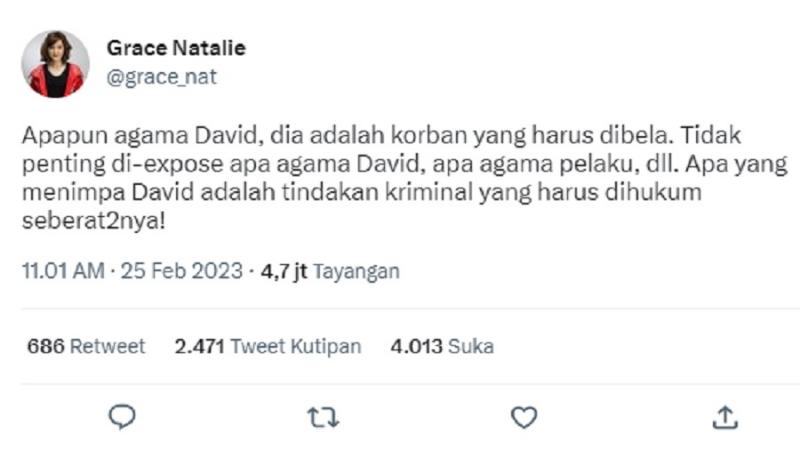 Blunder Singgung Agama David Korban Mario Dandy, Grace Natalie Dibully. (twitter).