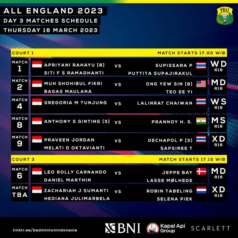Simak! Ini Jadwal 11 Wakil Indonesia di 16 Besar All England 2023. (@PBSI).