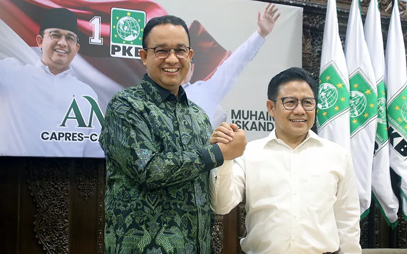 Ketua Umum Partai Kebangkitan Bangsa (PKB) yang juga bakal calon wakil presiden Muhaimin Iskandar bersama bakal calon presiden dari Koalisi Perubahan Anies Baswedan menggelar pertemuan di kantor DPP PKB, Jakarta, Senin (11/9/2023). Hasil pertemuan ini disampaikan oleh Cak Imin. Dia menyebut pertemuan ini juga digunakan sebagai momen saling mengenal antara Anies dan jajaran PKB. Robinsar Nainggolan