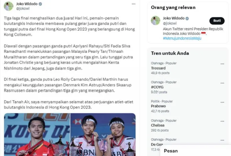 Begini Pesan Bangga Jokowi untuk Tim Badminton RI di Hong Kong Open. (Akun X Pribadi Jokowi).