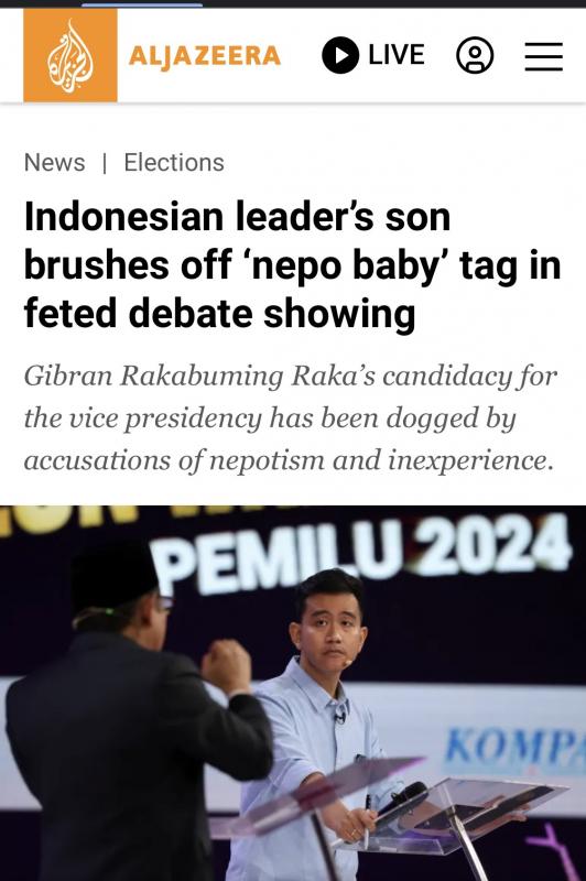 Media luar negeri Aljazeera sebut Gibran sebagai Nepo Baby (Istimewa)