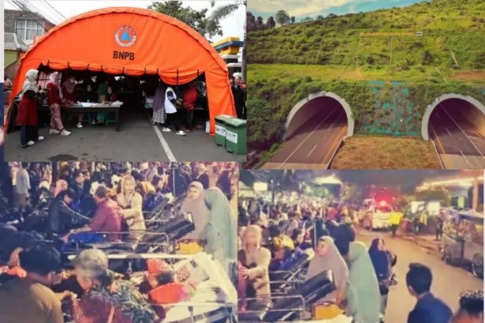 PJ Gubernur Jawa Barat Bey Machmudin meninjau lokasi gempa bumi Sumedang yang terjadi pada 31 Desember 2023, memastikan bahwa terowongan tol Cisumdawu tetap aman dilalui meskipun mengalami keretakan (Dok Istimewa/Kolase Porosjakarta)