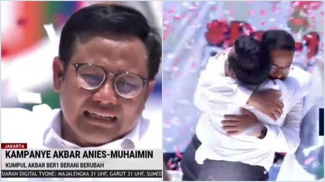 Cawapres no urut 01 Muhaimin Iskandar (Cak Imin) menangis terharu usai dengarkan orasi penutup Capres 01 Anies Baswedan di Kampanye penutup AMIN di Jakarta Internasioal Stadium (JIS) (Tv0ne)