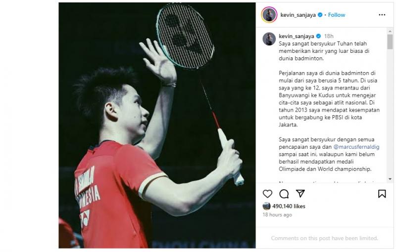 Resmi, Kevin Sanjaya Umumkan Pensiun dari Badminton. (Instagram).