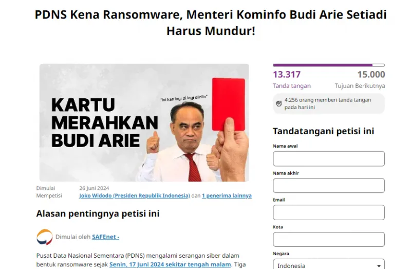 Cuplikan laman change.org yang memuat petisi dari safenet yang meminta Menkominfo Budi Arie mengundurkan diri akibat tak mampu atasi serangan siber. (chneg.or)