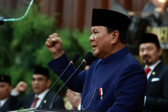 Presiden RI ke-08 Prabowo Subianto saat menyampaikan pidato perdana di MPR-RI, Minggu (20/10/2024). (Setkab)