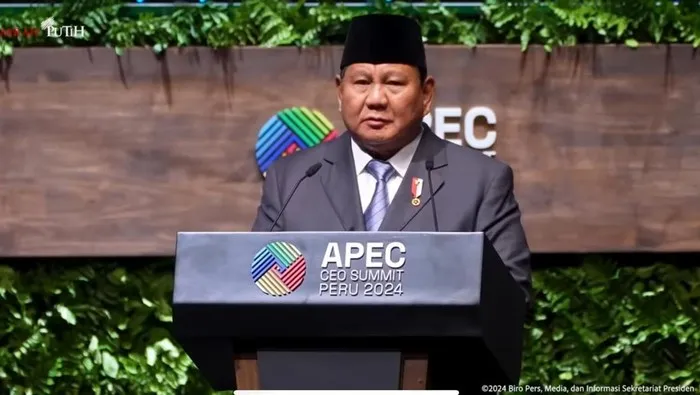 Presiden Prabowo Subianto saat berbicara pada APEC CEO Summit di Peru  .(Dok. Sekretariat Presiden)   