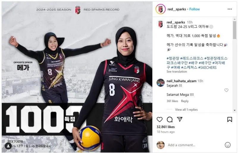Catat Sejarah, Megawati Sukses Tembus 1.000 Poin di Liga Voli Korea. (Instagram Red Sparks).