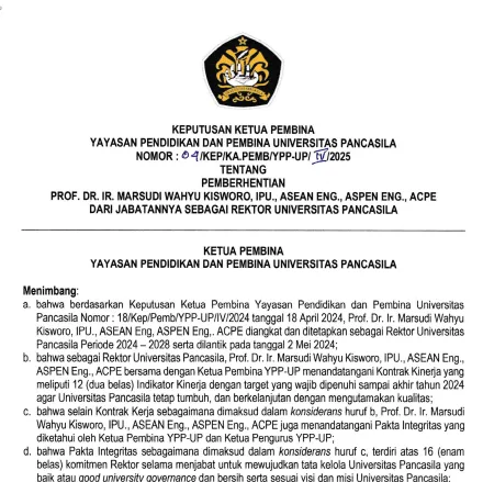 Kutipan surat keputusan Ketua Pembina Yayasan Pembina Universitas Pancasila yang memberhentikan  Rektor Universitas Pancasila. (ist)