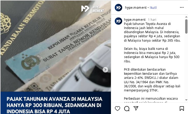 Benarkah Pajak Kendaraan di Indonesia Paling Mahal di Dunia foto : intagram hype.moment