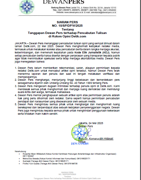 Surat tanggapan Dewan Pers. (ist)