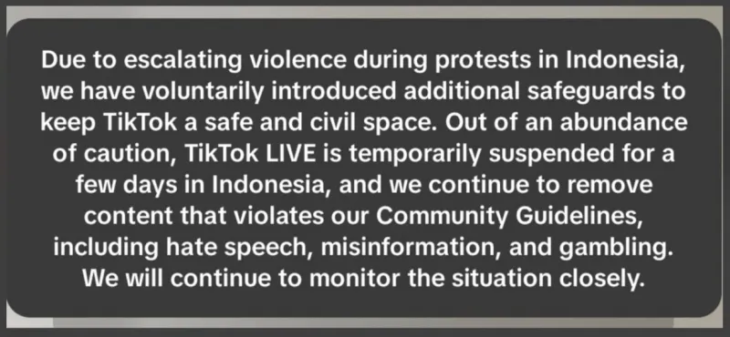 Tangkapan layar: Penjelasan Tiktok tentang penangguhan fasilitas live streaming. 