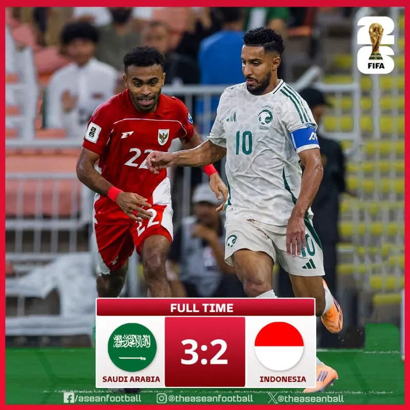 Update Kualifikasi Piala Dunia 2026: Arab Saudi Hajar Indonesia 3-2. (x Asean Futball).