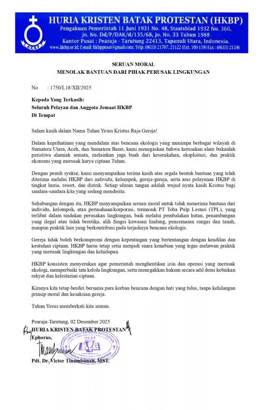 HKBP Tegaskan Tolak Bantuan Bencana dari Perusahaan Perusak Lingkungan. (Istimewa).