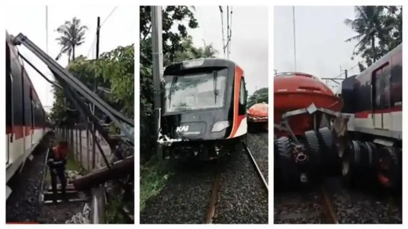 Simak, Ini Detik-detik KA Bandara Tertemper Truk Nyangkut di Rel Poris. (Istimewa).