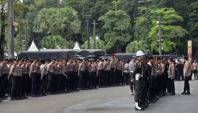Apel pelaksanaan pengamanan gelaran FIFA Series 2026 di Stadion Utama Gelora Bung Karno (GBK), Senayan, Jakarta, Jumat (27/3/2026). (Antara)
