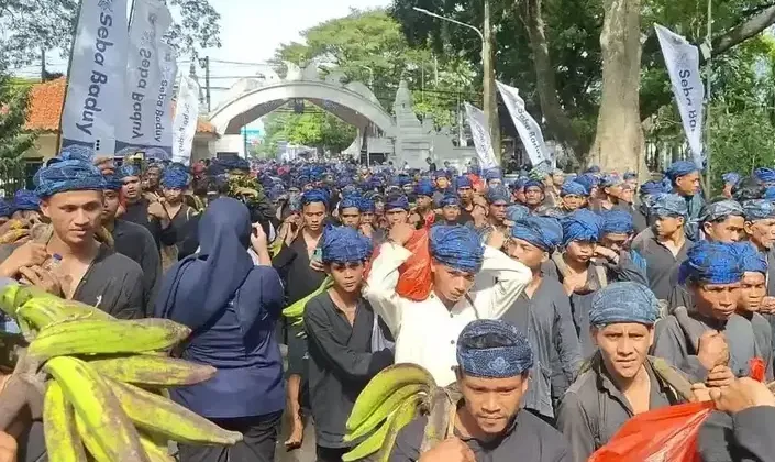 Sebanyak 1.525 warga Badui dari pedalaman Kabupaten Lebak berjalan kaki hingga 135 kilometer menuju Kota Serang untuk menjalankan tradisi Seba 2026. (Beritasatu)