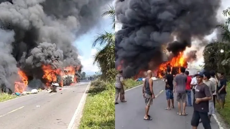 16 Tewas, Ini Detik-detik Kecelakaan Maut Bus-Truk Tangki di Sumsel. (Istimewa).