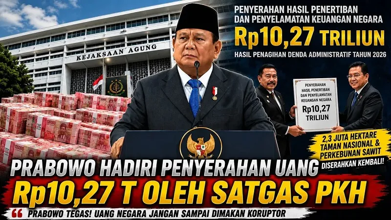 Ilustrasi Gambar Presiden Prabowo Menghadiri Penyerangan Uang Oleh Satgas PKH ke Negara - Sumber: Istimewa/ Law-Justice.co