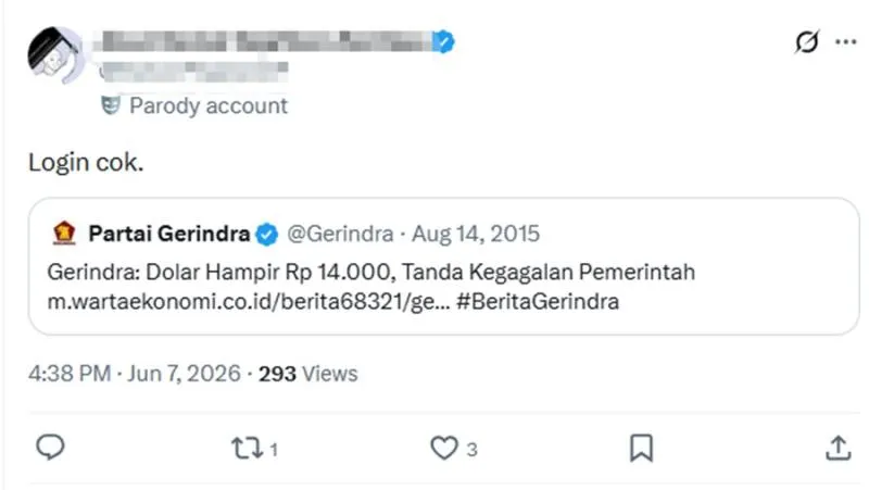 Cuitan Lawas Gerindra soal Rupiah Sentuh Rp14.000 Disorot Netizen. (istimewa).