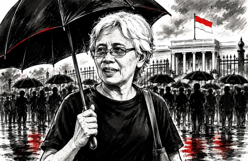 Ilustrasi: Maria Sumarsih dengan payung hitam di di depan Istana Negara, setiap Kamis sore, menuntut keadilan bagi korban pelanggaran HAM. (ChatGPT)