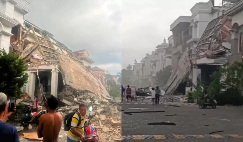 Sebuah rumah mewah di Grand Polonia Medan hancur akibat ledakan. (Tangkapan layar X/Indotren.com)