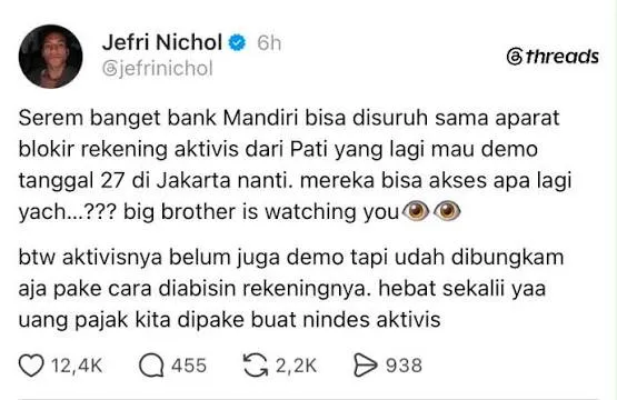 Jefri Nichol Sebut Uang Pajak Kita Dipakai Buat Nindas Aktivis. (Istimewa).