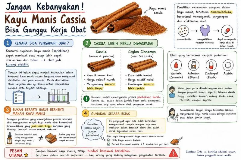 Infografis: Konsumsi Kayumanis Cassia berlebihan dapat pengaruhi kinerja obat. (ChatGPT)