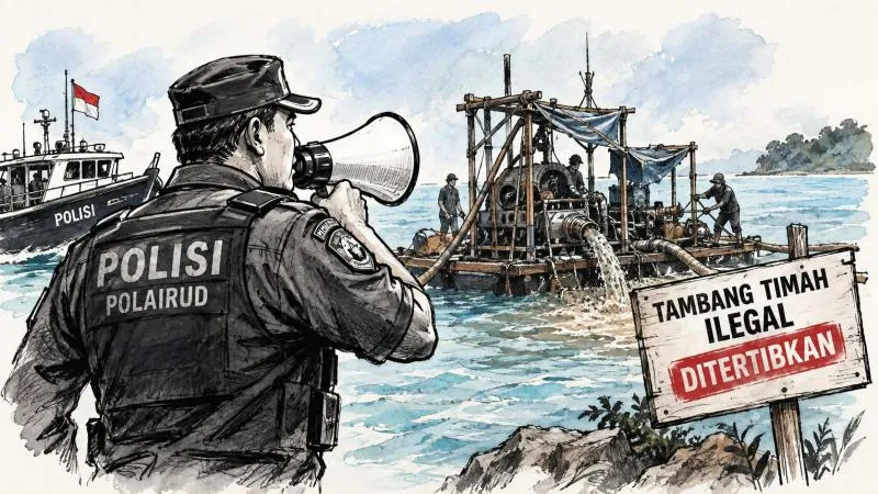 Ilustrasi: Polisi menghentikan aktivitas penambangan bijih timah ilegal di perairan Tembelok hingga Keranggan, Kecamatan Mentok, Kabupaten Bangka Barat, Kepulauan Bangka Belitung. (ChatGPT)