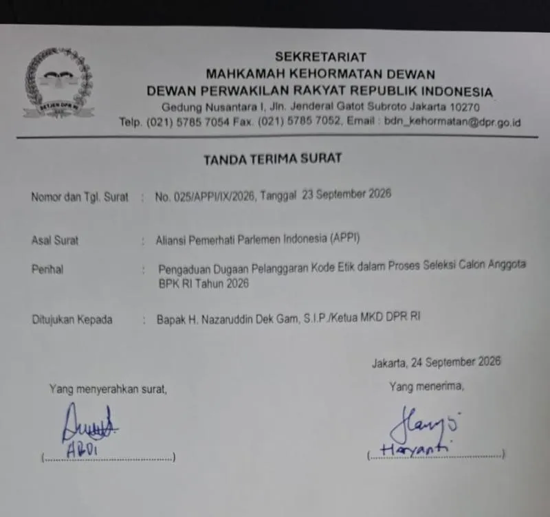 Surat Pengaduan dari APPI kepada MKD DPR RI soal proses pencalonan Anggota BPK RI yang dilakukan Komisi XI DPR RI (ist)
