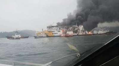 Kebakaran KMP Batumandi di dekat Pelabuhan Merak. (Istimewa).