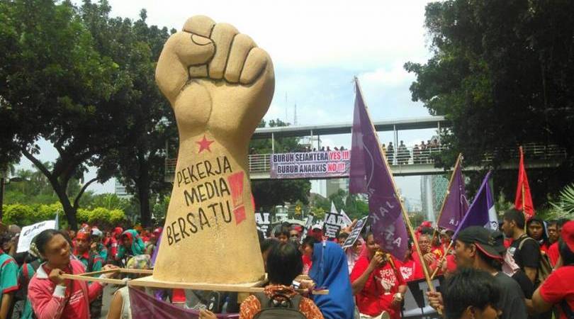Buruh media saat aksi May Day (Istimewa)